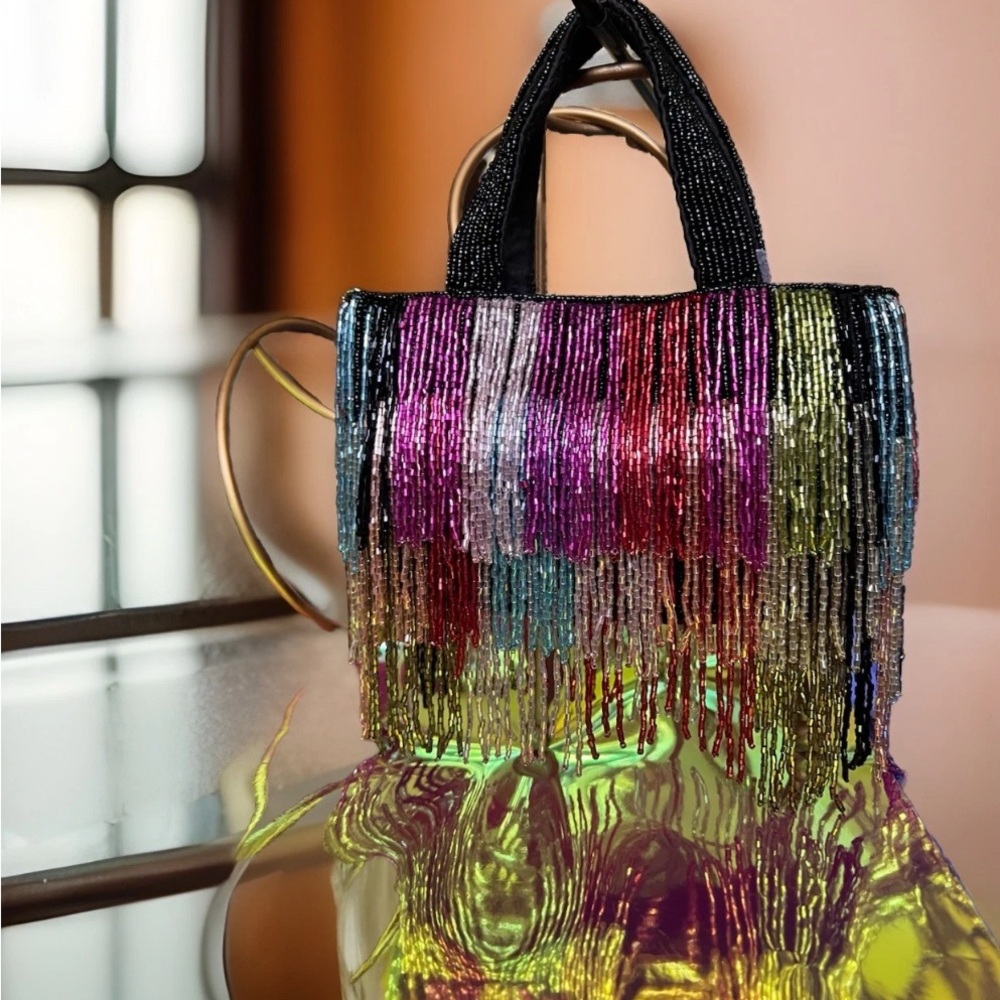 NWT Handcrafted In India Multicolored Fringe Beaded Handbag small